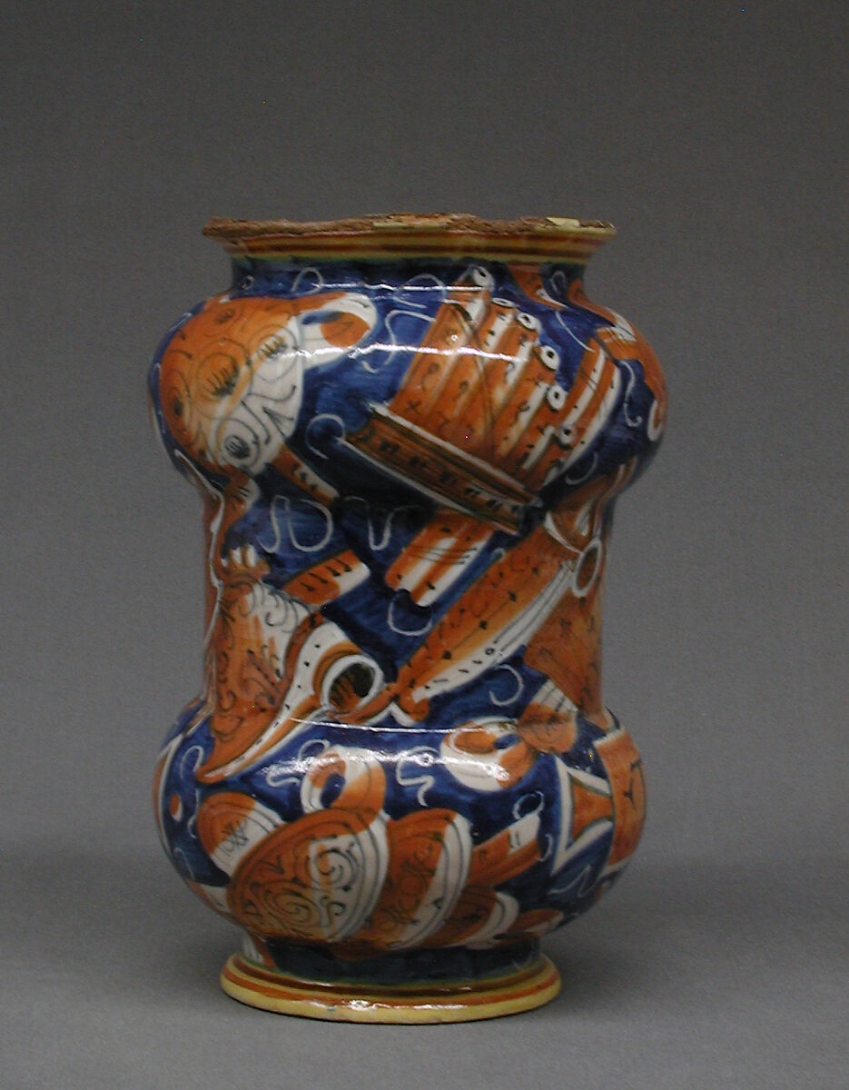 Pharmacy jar (albarello) (one of a pair), Maiolica (tin-glazed earthenware), Italian, probably Pesaro