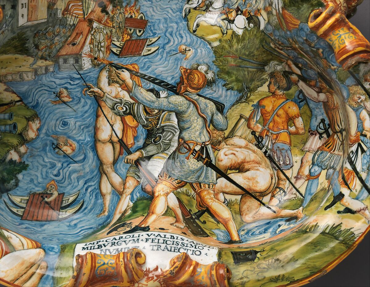 Wine cooler with Charles V’s Victory at Mühlberg, Based on an engraving by Enea Vico (Italian, Parma 1523–1567 Ferrara), Maiolica (tin-glazed earthenware), Italian, Urbino