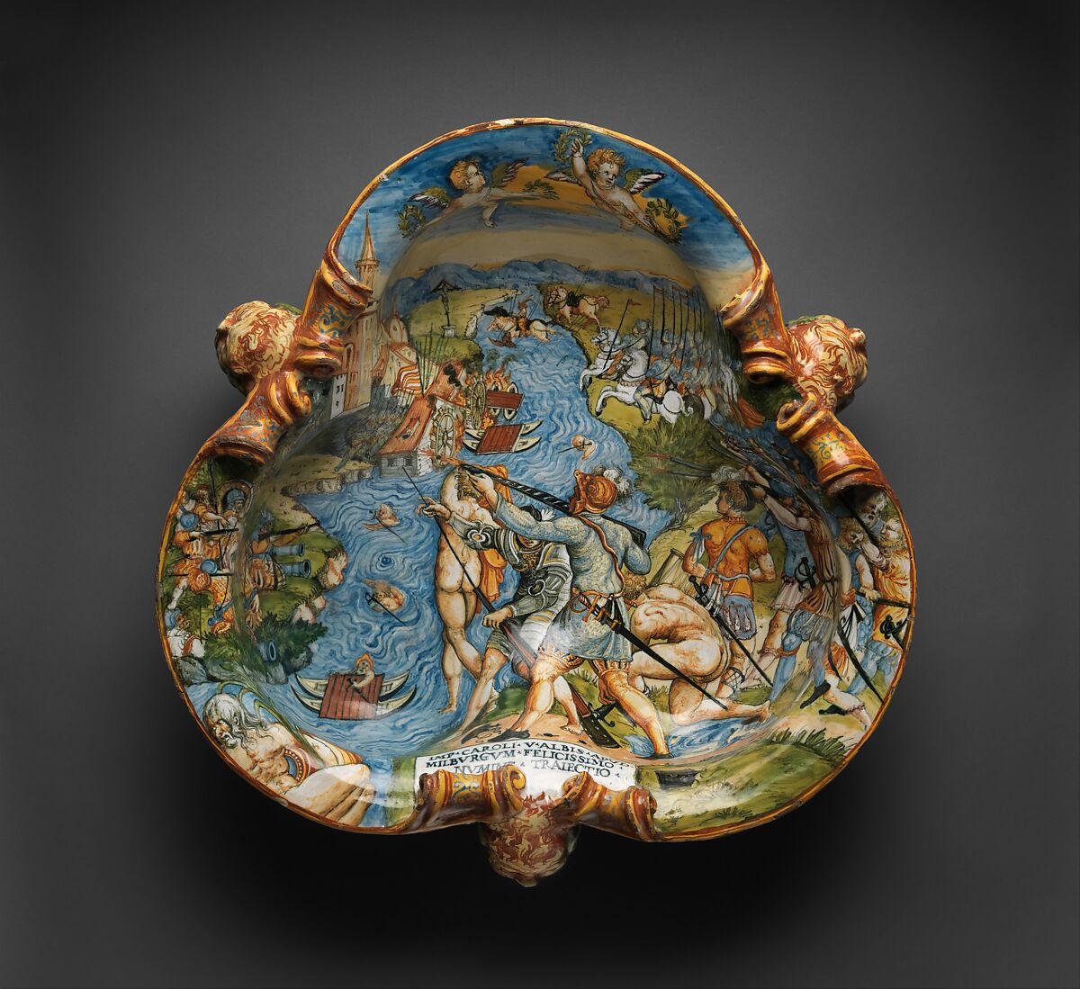 Wine cooler with Charles V’s Victory at Mühlberg, Based on an engraving by Enea Vico (Italian, Parma 1523–1567 Ferrara), Maiolica (tin-glazed earthenware), Italian, Urbino