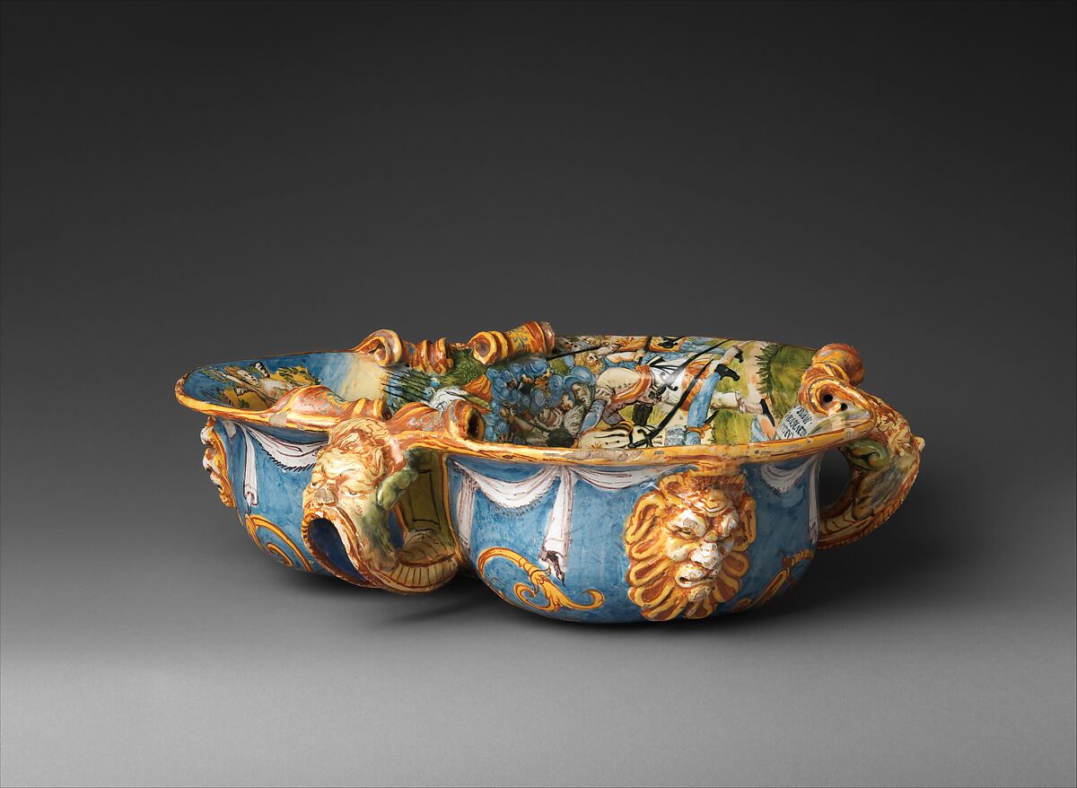 Wine cooler with Charles V’s Victory at Mühlberg, Based on an engraving by Enea Vico (Italian, Parma 1523–1567 Ferrara), Maiolica (tin-glazed earthenware), Italian, Urbino 