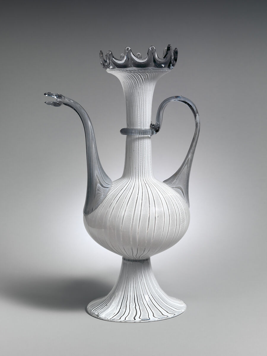 Ewer, Glass: latticino, German, French or Austrian