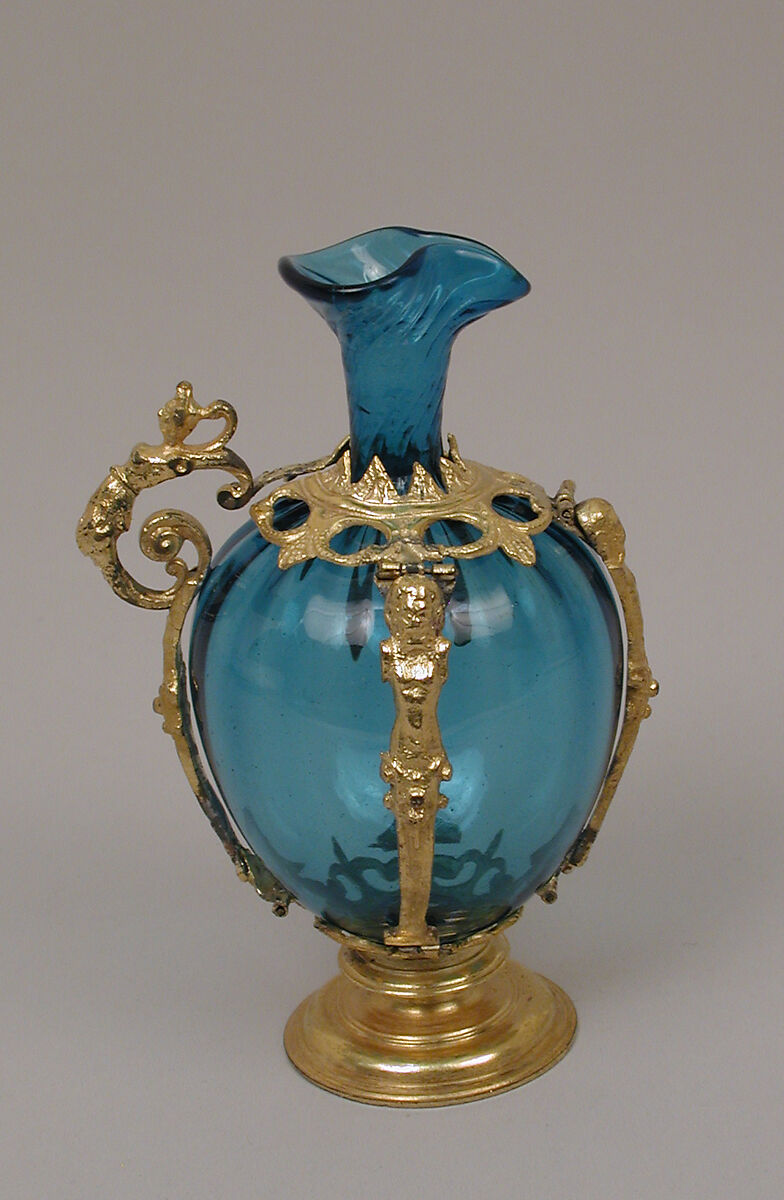 Ewer, Glass, gilt bronze, Italian, Venice (Murano) or Iranian, Qom 