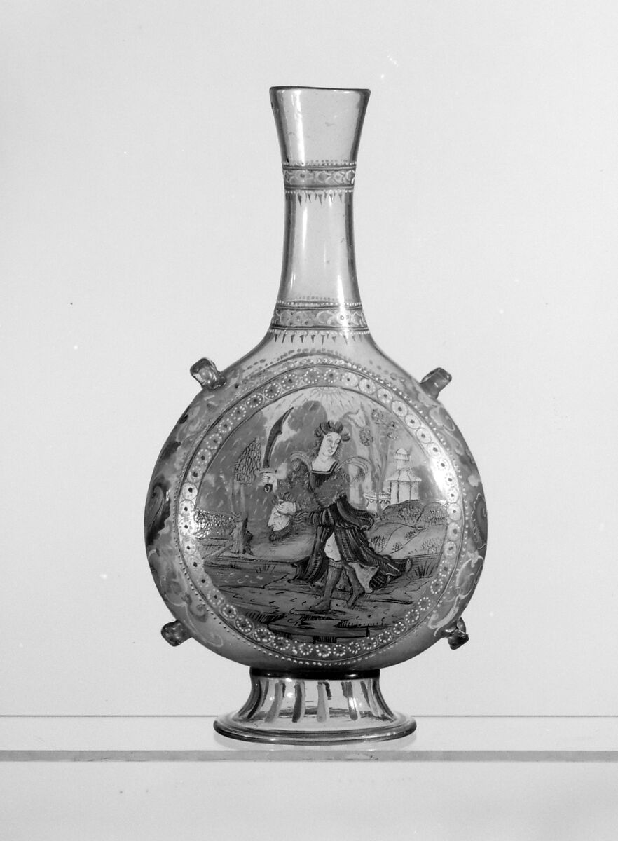 Pilgrim bottle, Glass, enamelled and gilt, Italian, Venice (Murano) 