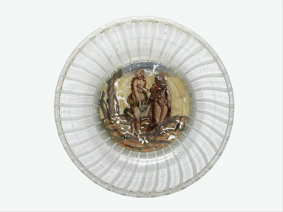 Plate, Glass-latticinio, "cold-painted," gouache, Italian, Venice and Austrian, South Tyrol