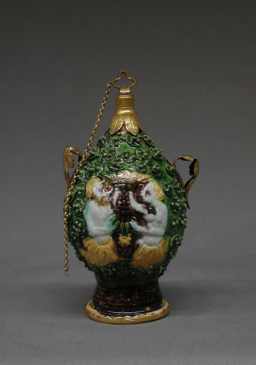 Perfume bottle, Workshop of Paul Preuning (German, active 1540–1550), Maiolica (tin-glazed earthenware) with yellow metal mounts, German, Nuremberg or Austrian 