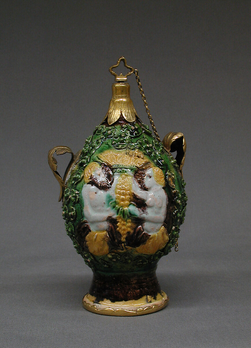 Perfume bottle, Workshop of Paul Preuning (German, active 1540–1550), Maiolica (tin-glazed earthenware) with yellow metal mounts, German, Nuremberg or Austrian