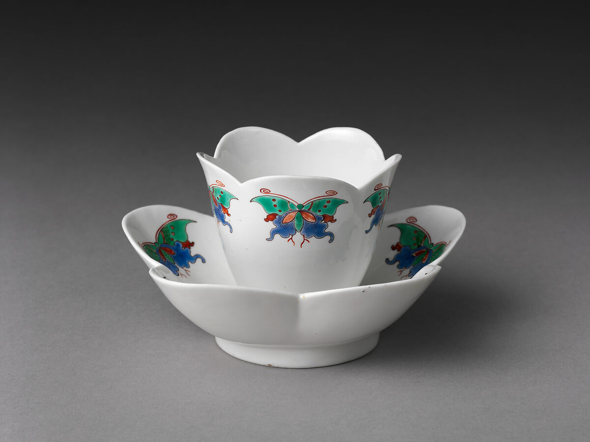 Cup and saucer with butterflies, Chantilly (French), Tin-glazed soft-paste porcelain painted with colored enamels, French, Chantilly 