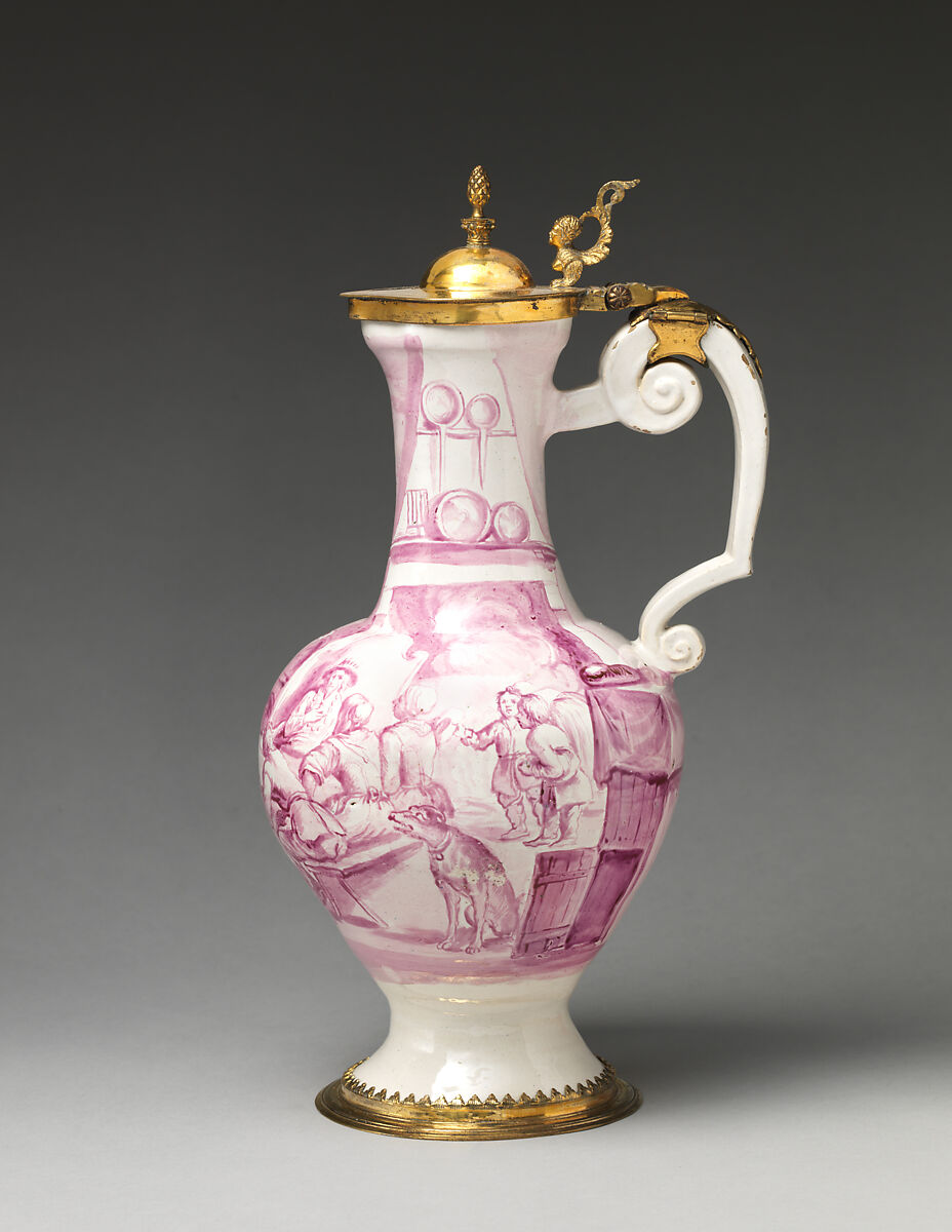 Jug (one of a pair), Fehr period, Tin-glazed earthenware; gilt-brass mount, German, Frankfurt