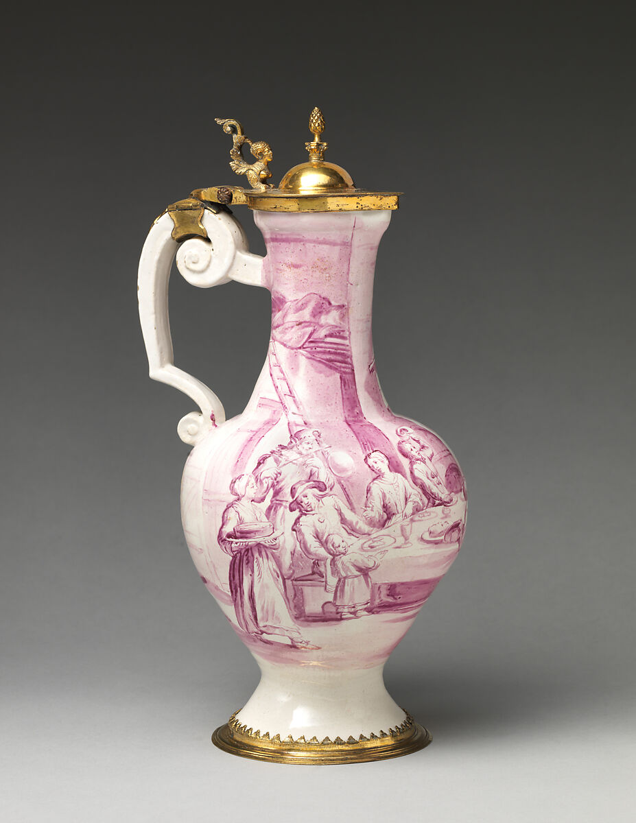 Jug (one of a pair), Fehr period, Tin-glazed earthenware; gilt-brass mount, German, Frankfurt 