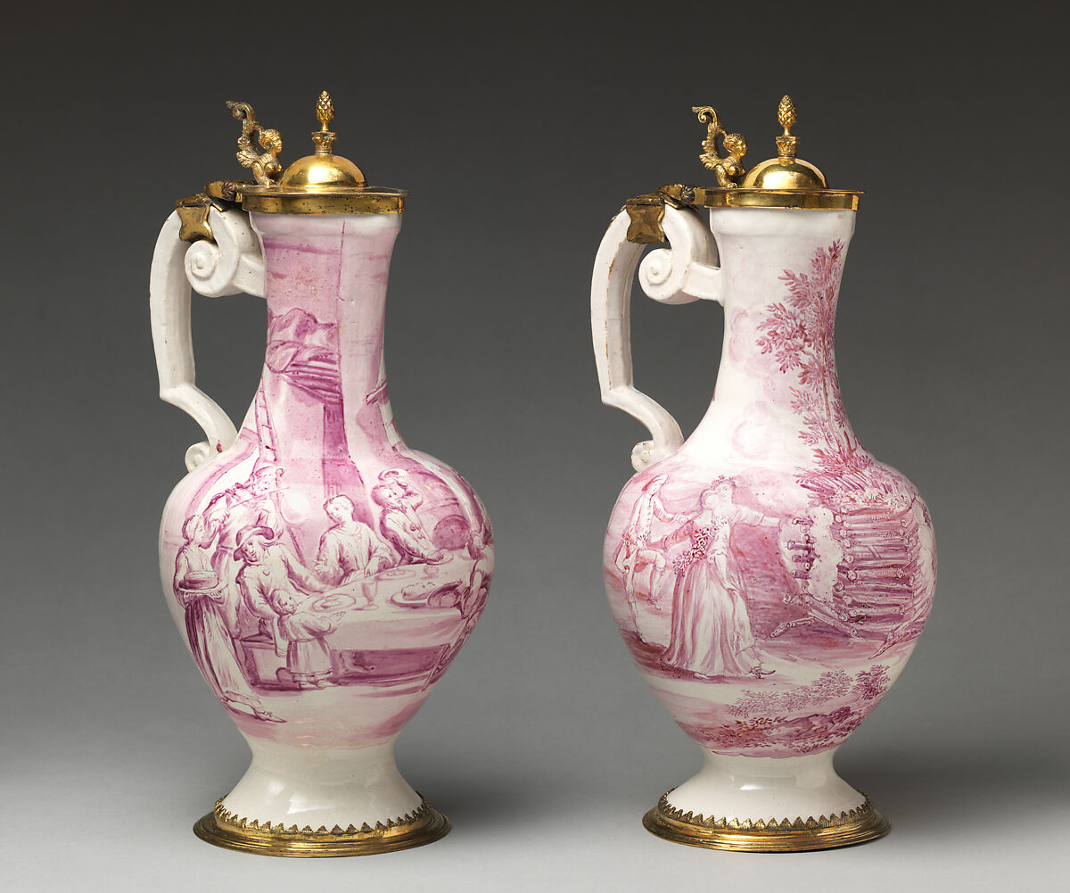 Jug (one of a pair), Fehr period, Tin-glazed earthenware; gilt-brass mount, German, Frankfurt
