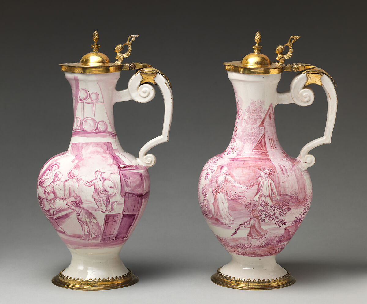 Jug (one of a pair), Fehr period, Tin-glazed earthenware; gilt-brass mount, German, Frankfurt