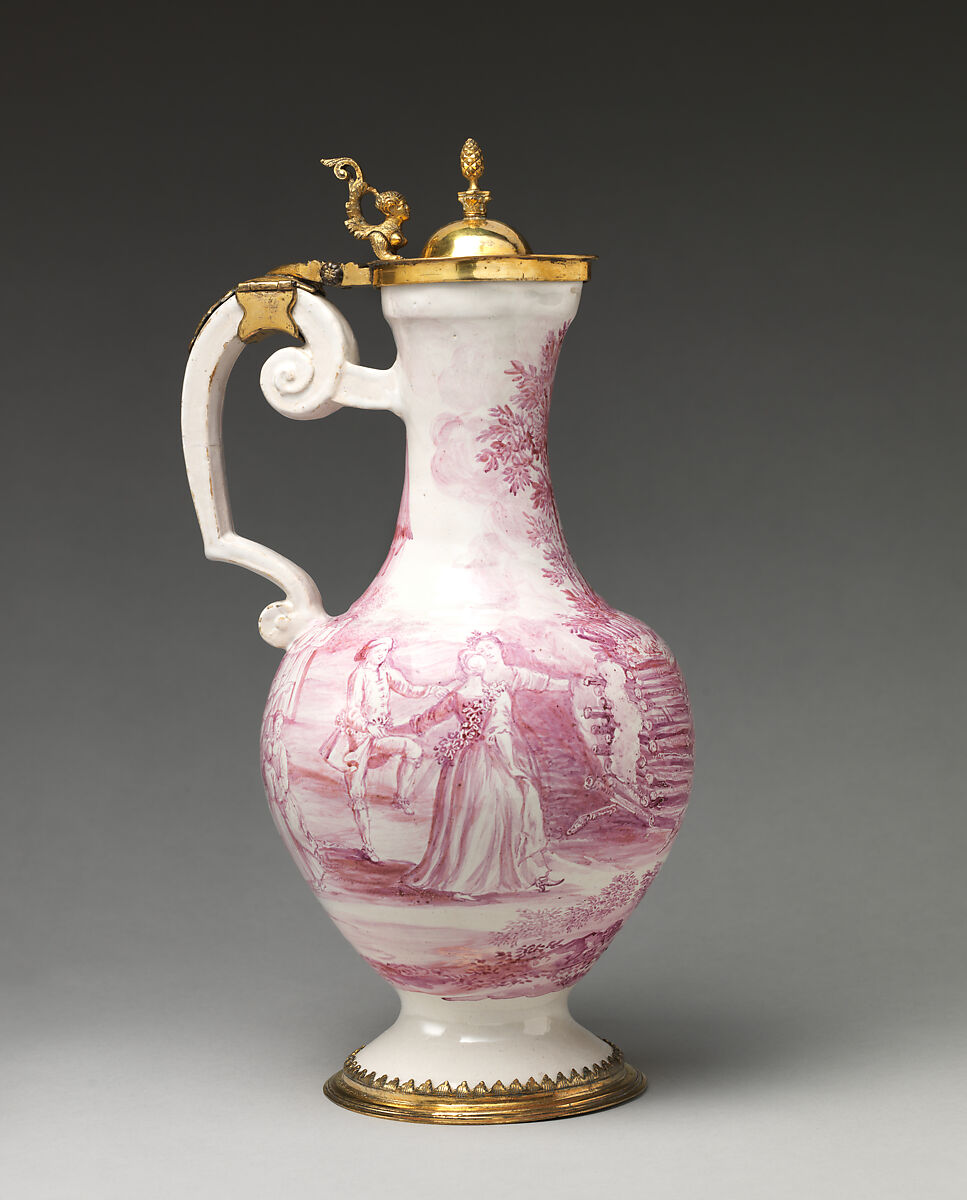 Jug (one of a pair), Fehr period, Tin-glazed earthenware; gilt-brass mount, German, Frankfurt 