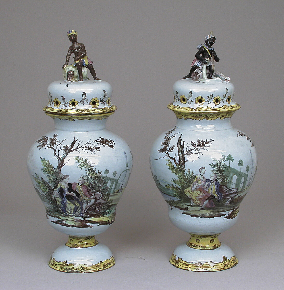 Pair of potpourri vases with covers, Abraham Leihamer (1745–1774), Tin-glazed earthenware, German, Stockelsdorf 