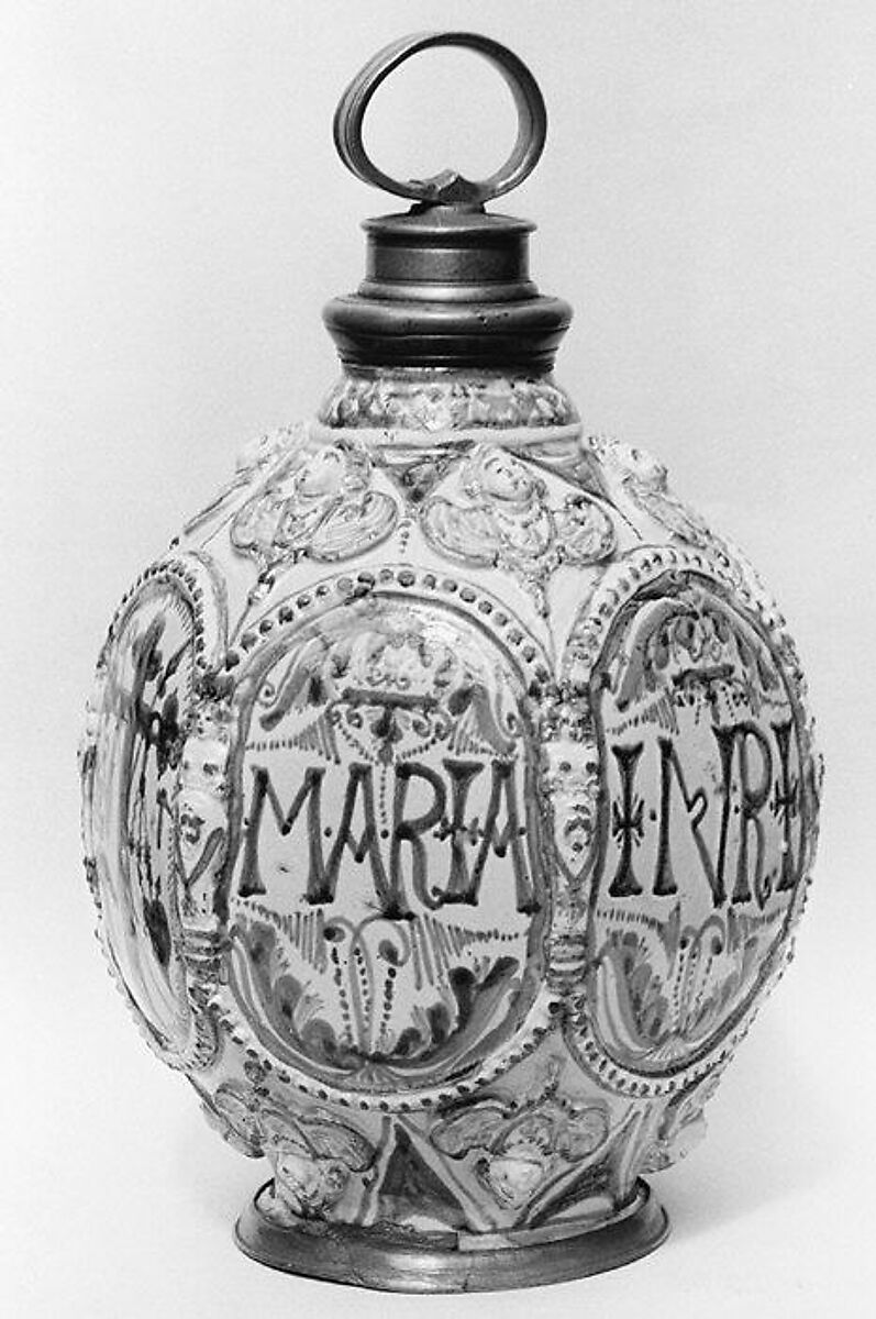 Bottle, Workshop of Lorenz Speckner (1598–after 1669), Tin-glazed earthenware; pewter mounts, German, Kreussen 