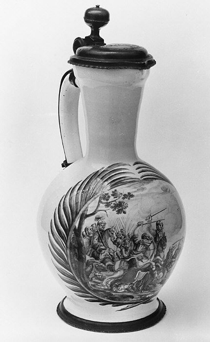Jug, Decorated by Abraham Helmhack (1654–1724) or, Tin-glazed earthenware; pewter, German, Nuremberg 