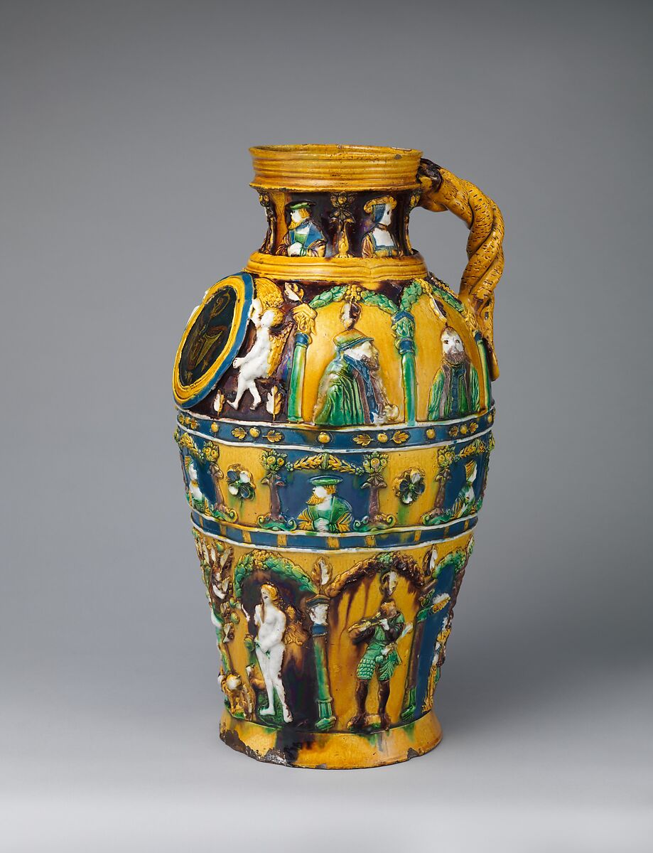 Jug with portraits of Emperor Charles V (1500–1558) and Johann Friedrich the Magnanimous (1503–1554), elector of Saxony, Paul Preuning  German, Lead-glazed earthenware, some tin-glaze, German, Nuremberg