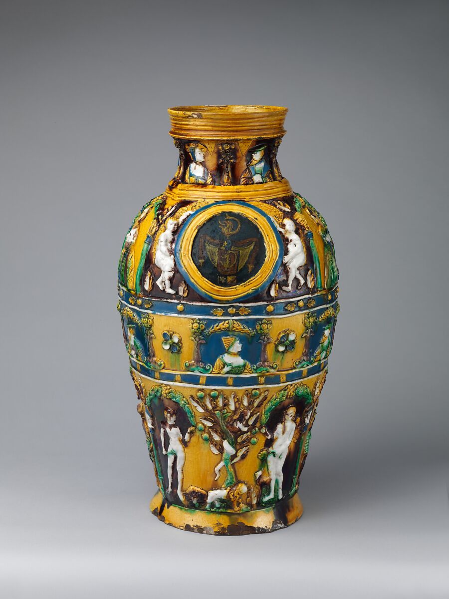 Jug with portraits of Emperor Charles V (1500–1558) and Johann Friedrich the Magnanimous (1503–1554), elector of Saxony, Workshop of Paul Preuning (German, active 1540–1550), Lead-glazed earthenware, some tin-glaze, German, Nuremberg