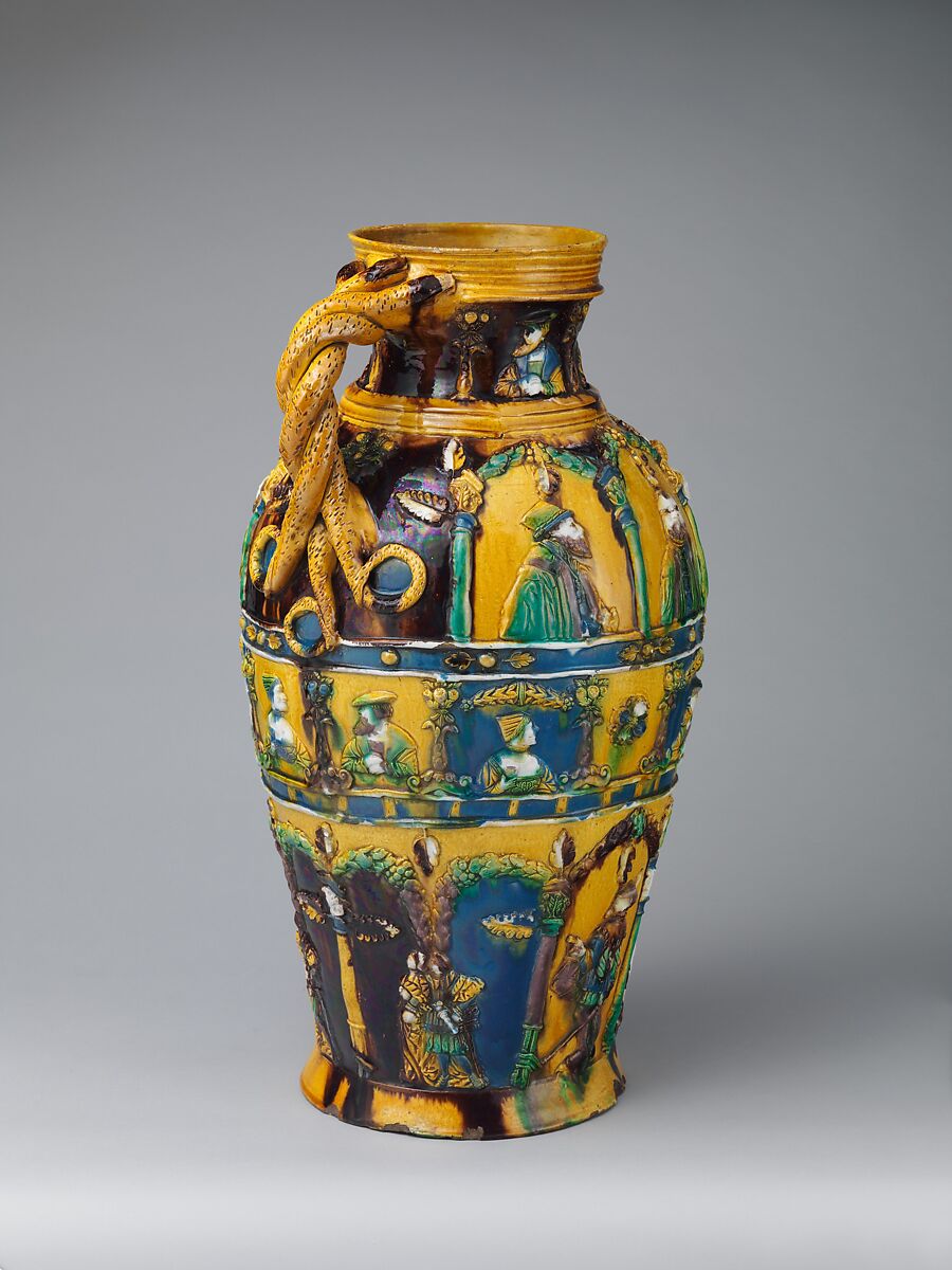 Jug with portraits of Emperor Charles V (1500–1558) and Johann Friedrich the Magnanimous (1503–1554), elector of Saxony, Workshop of Paul Preuning (German, active 1540–1550), Lead-glazed earthenware, some tin-glaze, German, Nuremberg