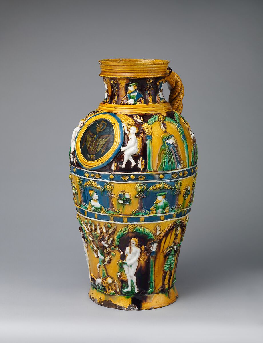 Jug with portraits of Emperor Charles V (1500–1558) and Johann Friedrich the Magnanimous (1503–1554), elector of Saxony, Workshop of Paul Preuning (German, active 1540–1550), Lead-glazed earthenware, some tin-glaze, German, Nuremberg