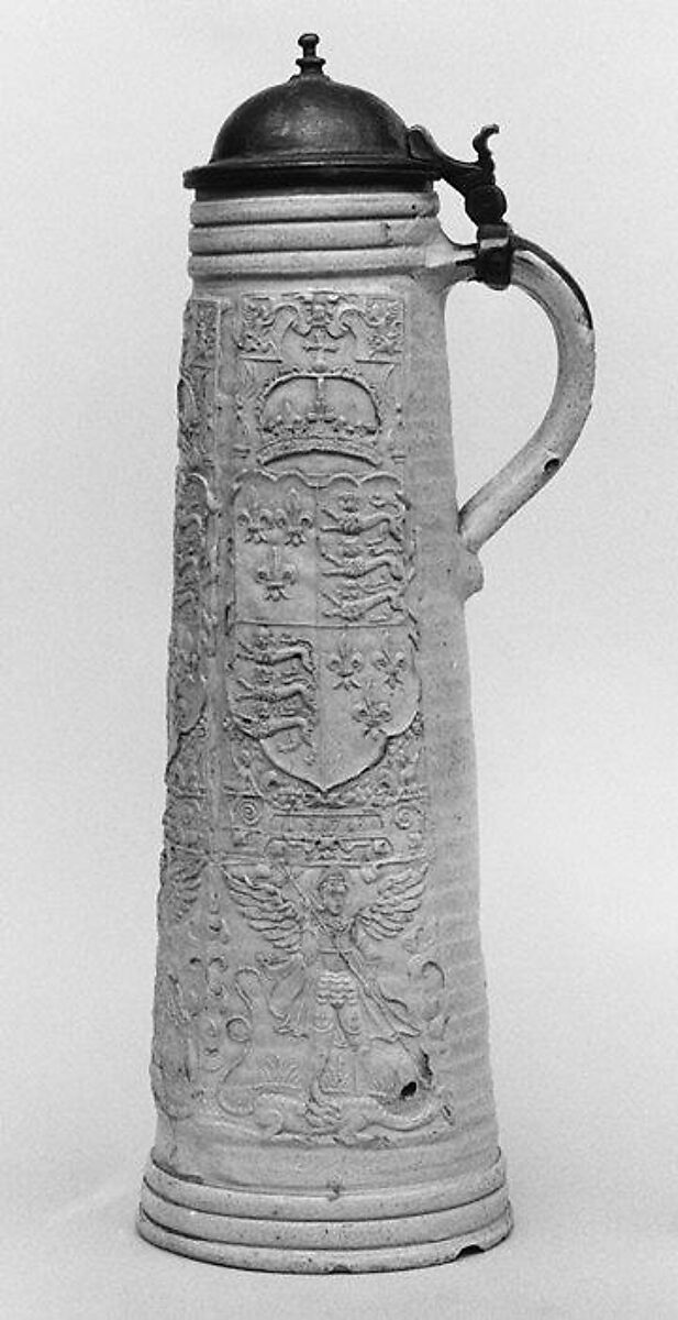 Flagon (Schnelle), Hans Hilgers (active 1565–95), Salt-glazed stoneware, pewter, German, Siegburg 