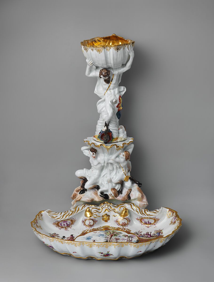 Fountain and basin, Meissen Manufactory  German, Hard-paste porcelain decorated in polychrome enamels, gold; silver spout, German, Meissen