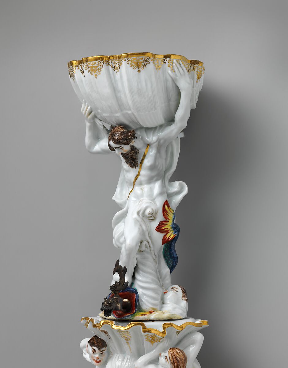 Fountain and basin, Meissen Manufactory (German, 1710–present), Hard-paste porcelain decorated in polychrome enamels, gold; silver spout, German, Meissen