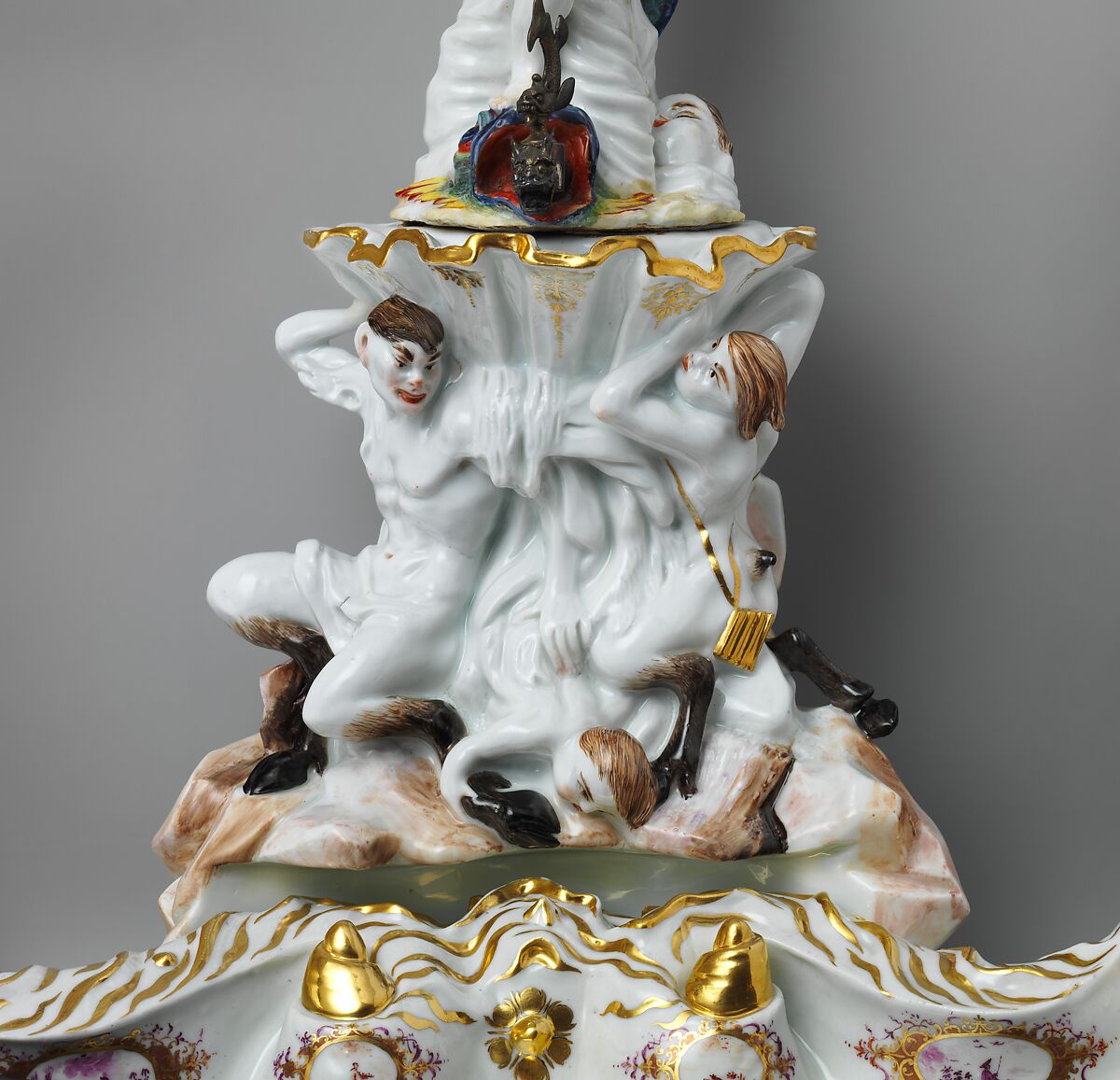 Fountain and basin, Meissen Manufactory (German, 1710–present), Hard-paste porcelain decorated in polychrome enamels, gold; silver spout, German, Meissen