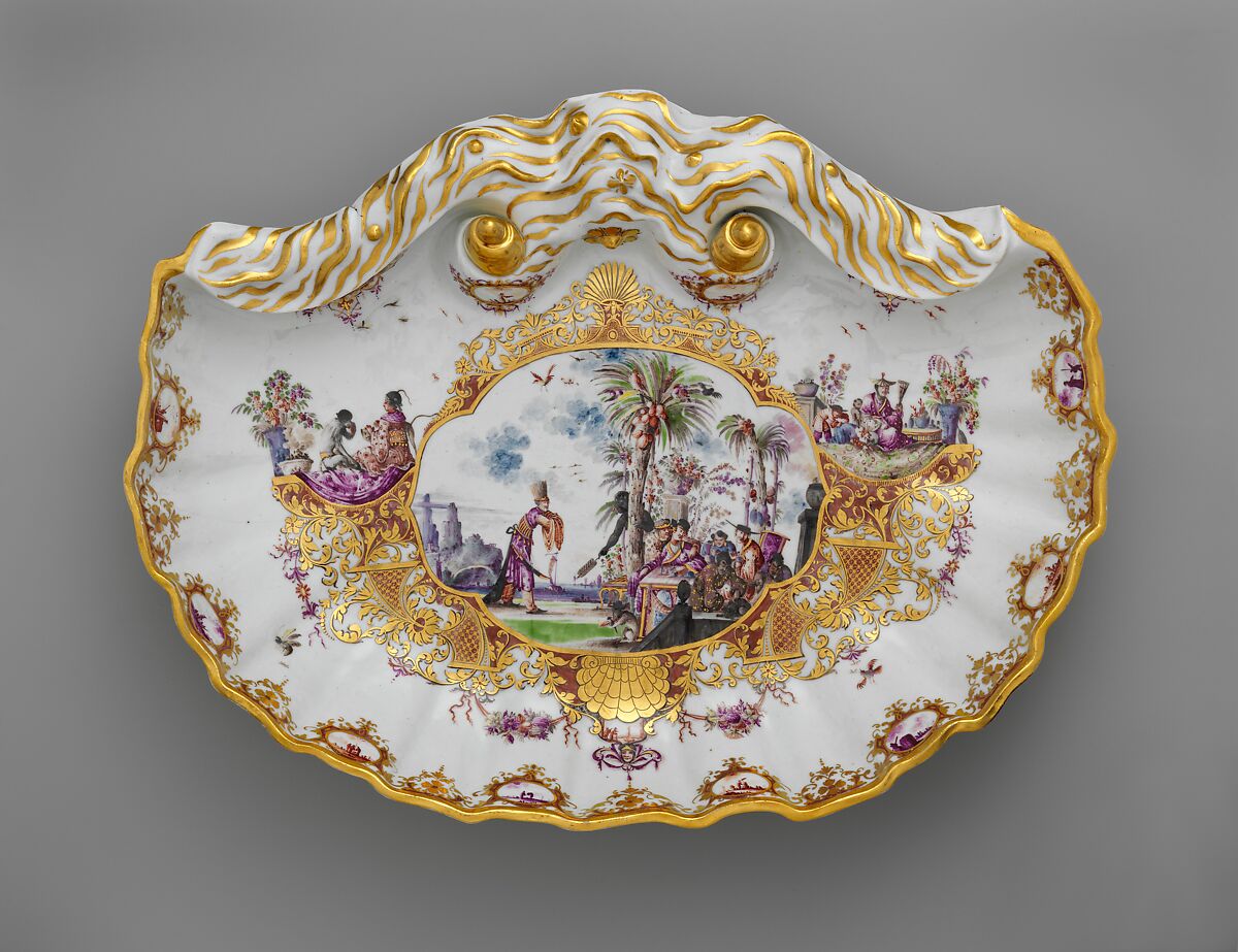Fountain and basin, Meissen Manufactory (German, 1710–present), Hard-paste porcelain decorated in polychrome enamels, gold; silver spout, German, Meissen