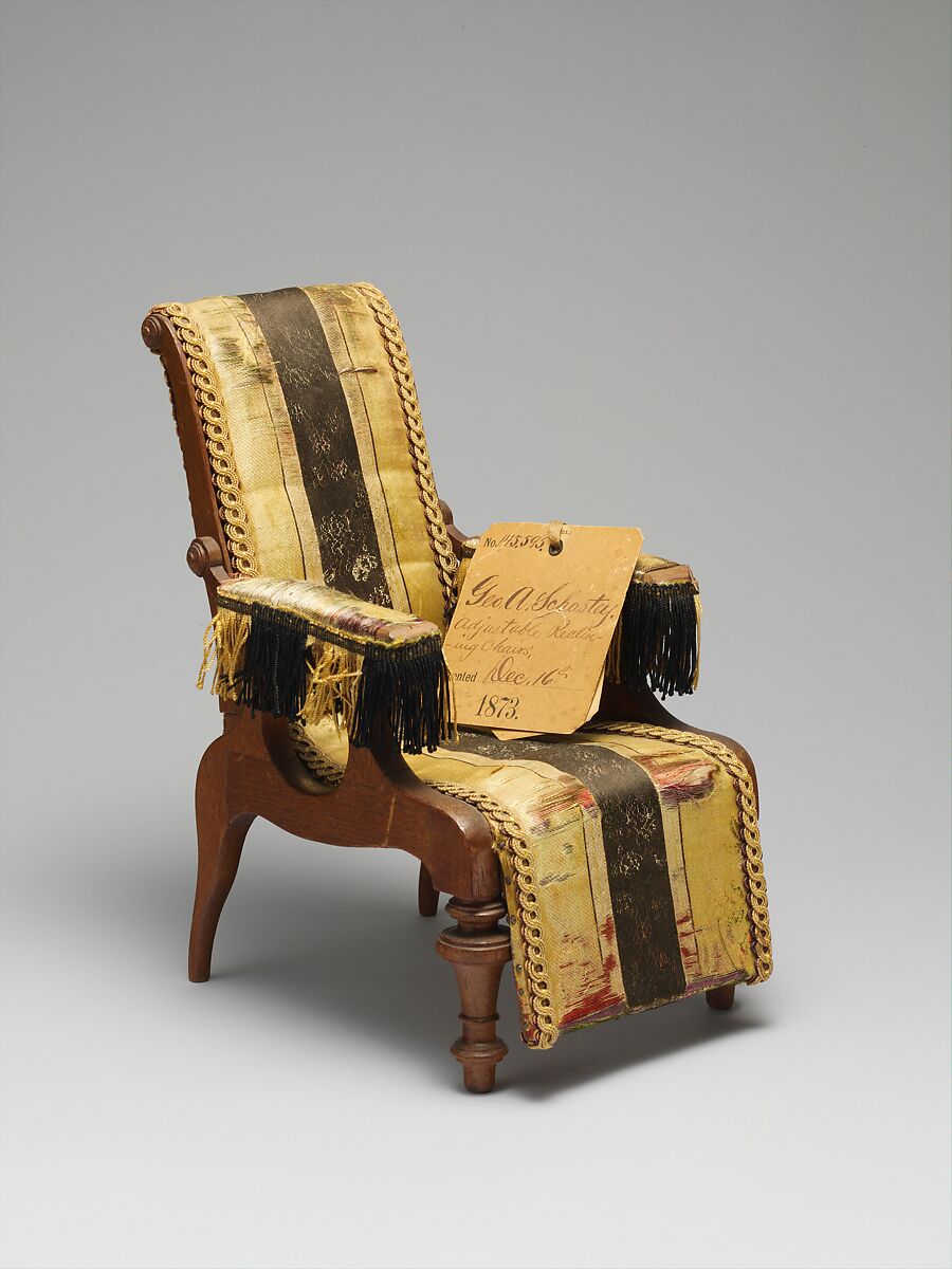 Patent model for adjustable reclining chairs, George A. Schastey  American, born Germany, Walnut, paper labels, and original silk upholstery, American