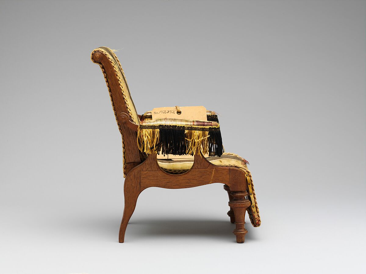 Patent model for adjustable reclining chairs, George A. Schastey (American (born Germany), Merseburg 1839–1894 at sea), Walnut, paper labels, and original silk upholstery, American