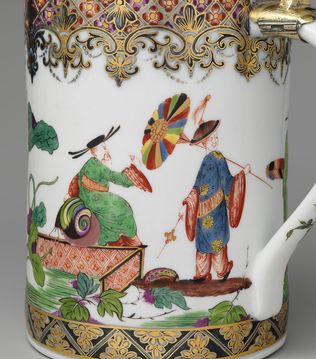 Tankard, Meissen Manufactory (German, 1710–present), Hard-paste porcelain decorated in polychrome enamels, gold; silver-gilt mounts, German, Meissen