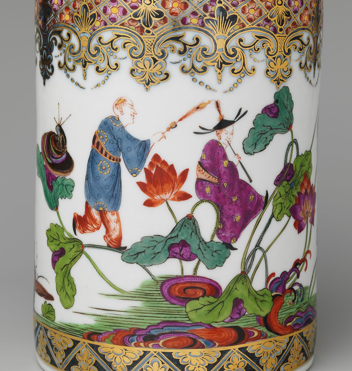 Tankard, Meissen Manufactory (German, 1710–present), Hard-paste porcelain decorated in polychrome enamels, gold; silver-gilt mounts, German, Meissen