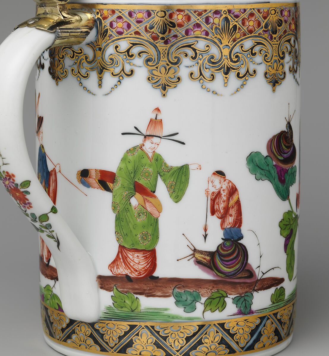 Tankard, Meissen Manufactory (German, 1710–present), Hard-paste porcelain decorated in polychrome enamels, gold; silver-gilt mounts, German, Meissen