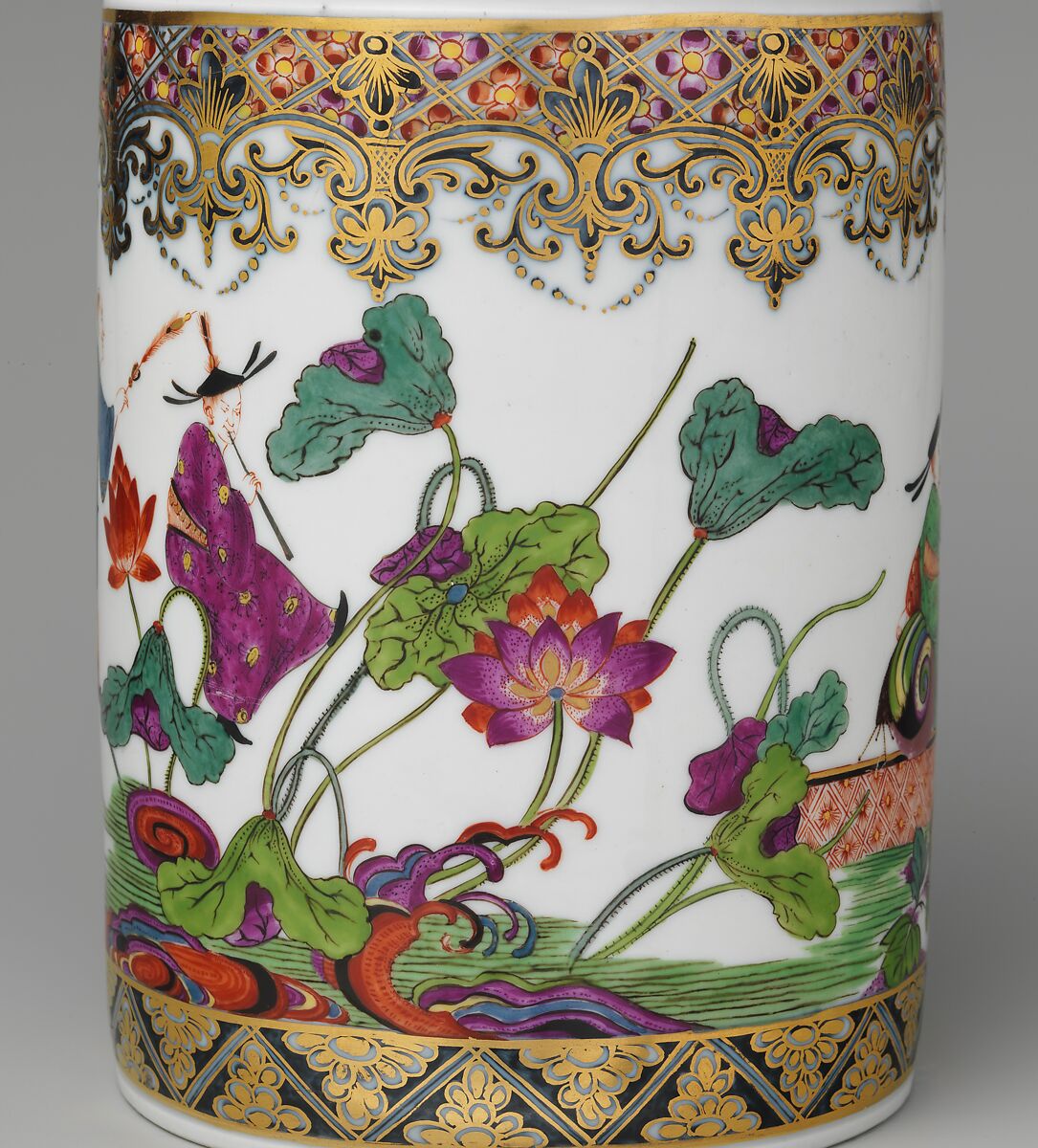Tankard, Meissen Manufactory (German, 1710–present), Hard-paste porcelain decorated in polychrome enamels, gold; silver-gilt mounts, German, Meissen