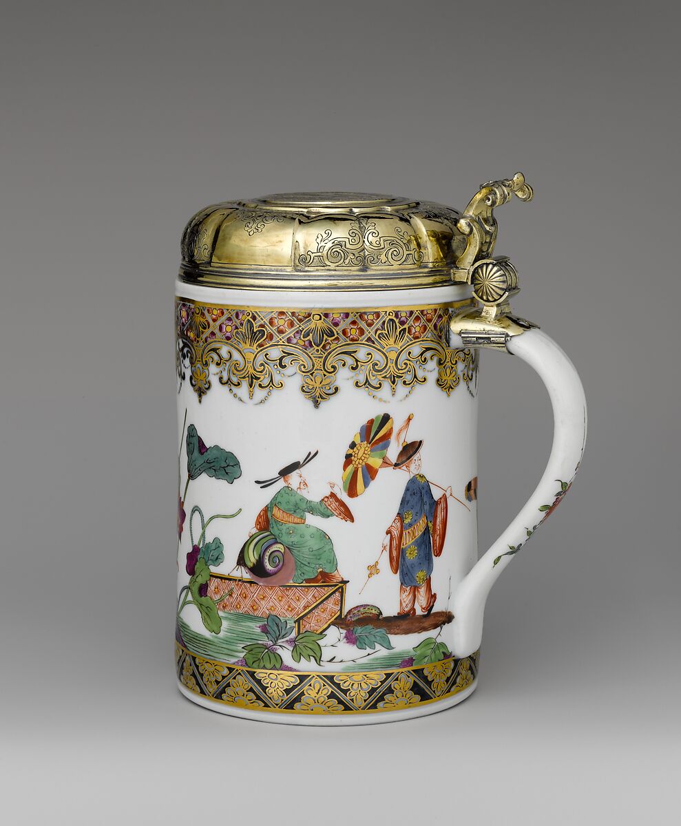 Tankard, Meissen Manufactory (German, 1710–present), Hard-paste porcelain decorated in polychrome enamels, gold; silver-gilt mounts, German, Meissen 