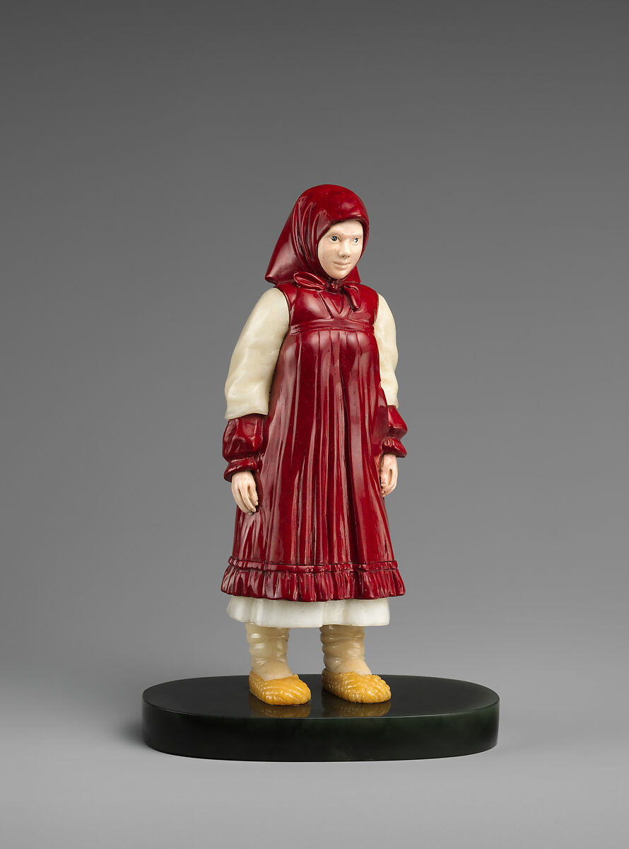 Russian peasant girl, Peter Carl Fabergé (1846–1920), Jasper, sapphire, purpurine, nephrite, jade, Russian, St. Petersburg 