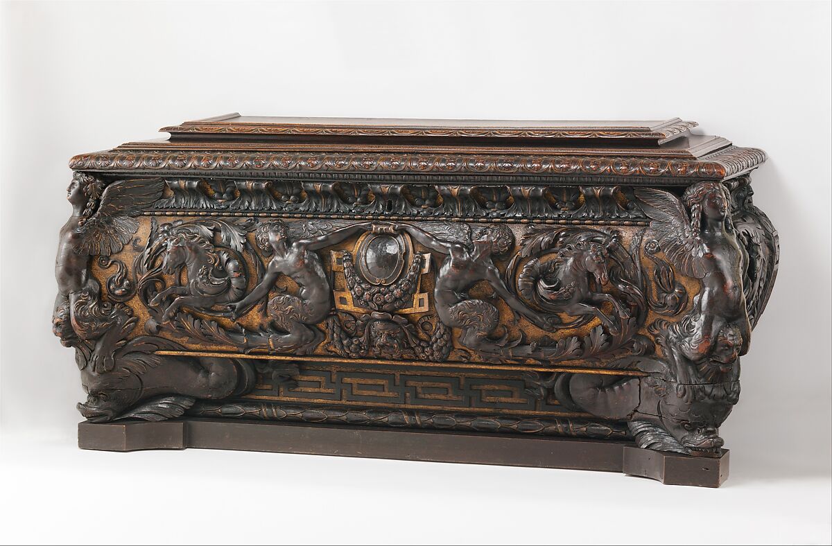Cassone (one of a pair), Walnut, carved and partially gilded, Italian, Rome