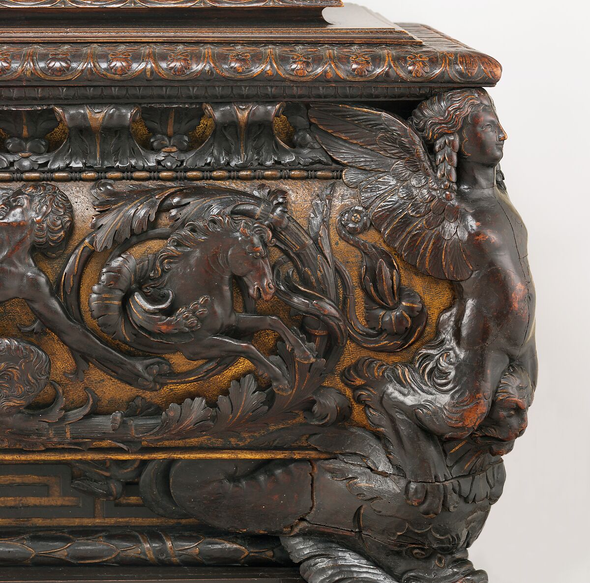 Cassone (one of a pair), Walnut, carved and partially gilded, Italian, Rome