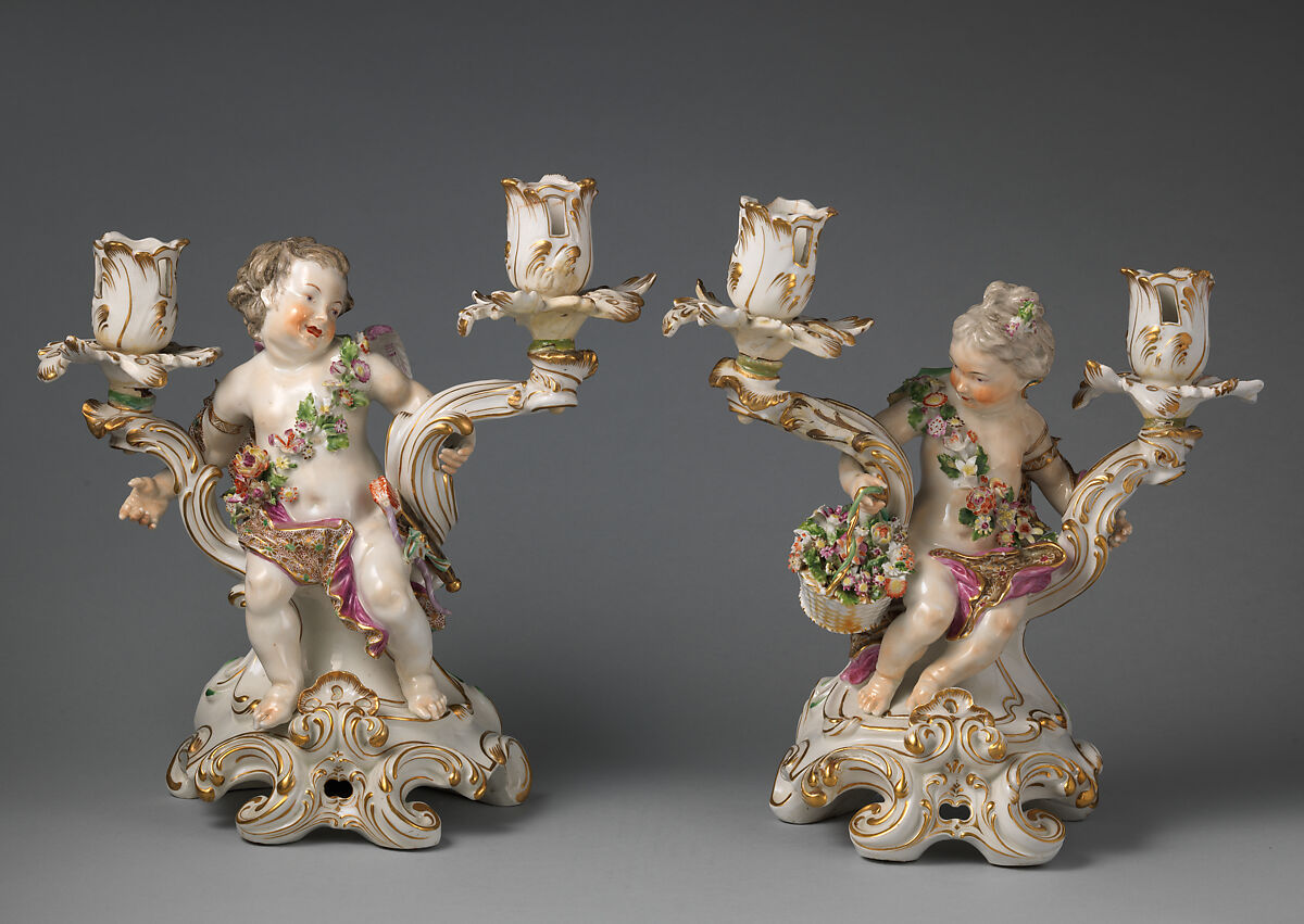 Candelabrum (one of a pair), Chelsea Porcelain Manufactory (British, 1745–1784, Gold Anchor Period, 1759–69), Soft-paste porcelain, British, Chelsea