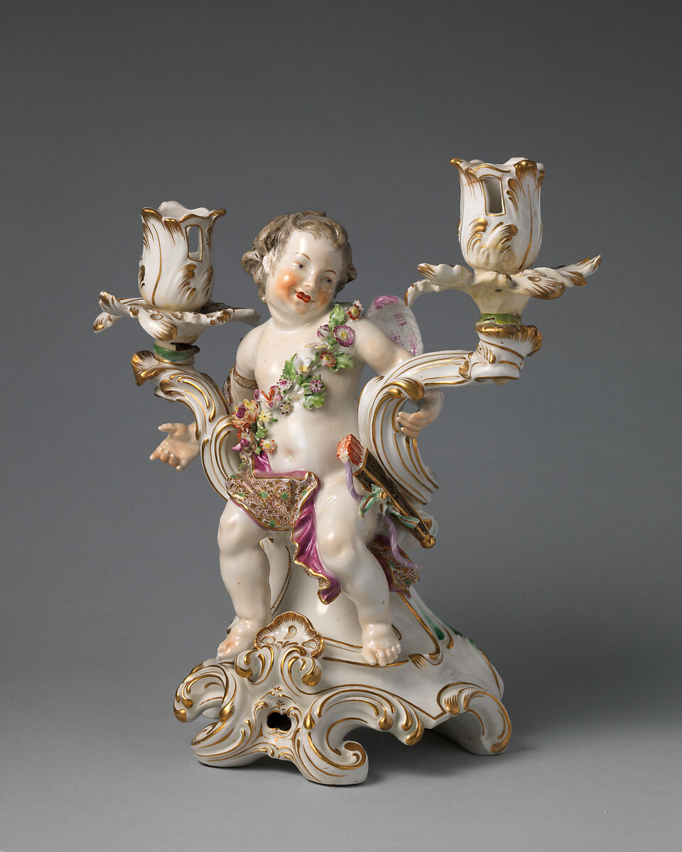 Candelabrum (one of a pair), Chelsea Porcelain Manufactory (British, 1745–1784, Gold Anchor Period, 1759–69), Soft-paste porcelain, British, Chelsea 