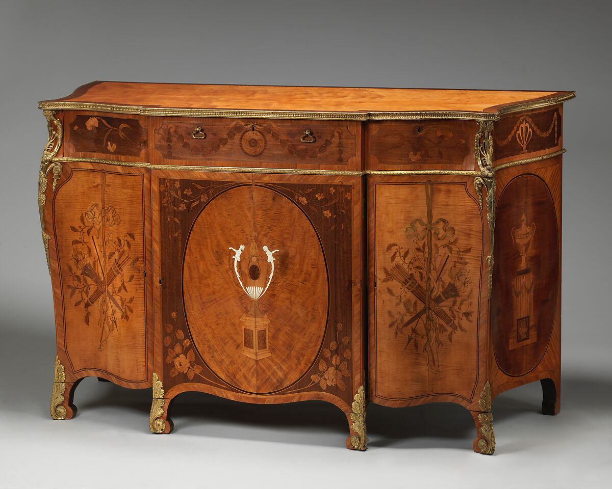 Commode, Pine and oak veneered with satinwood, tulipwood, ash, thuya and other woods, ivory; gilt bronze, British 