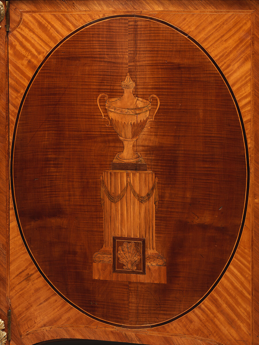 Commode, Pine and oak veneered with satinwood, tulipwood, ash, thuya and other woods, ivory; gilt bronze, British