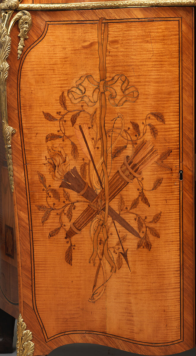 Commode, Pine and oak veneered with satinwood, tulipwood, ash, thuya and other woods, ivory; gilt bronze, British