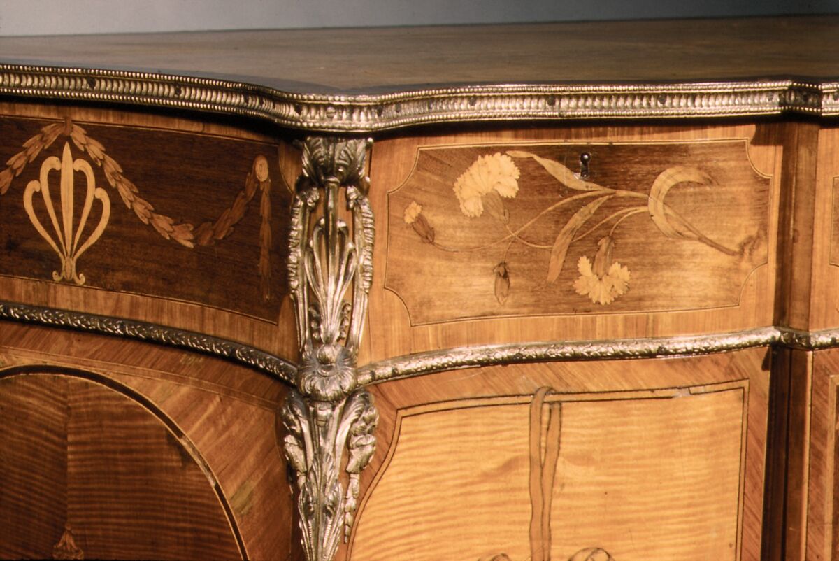 Commode, Pine and oak veneered with satinwood, tulipwood, ash, thuya and other woods, ivory; gilt bronze, British
