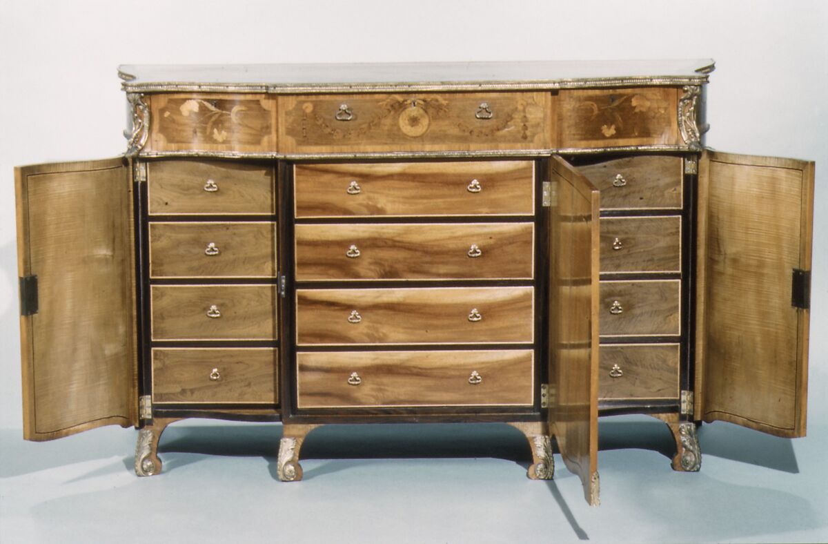 Commode, Pine and oak veneered with satinwood, tulipwood, ash, thuya and other woods, ivory; gilt bronze, British