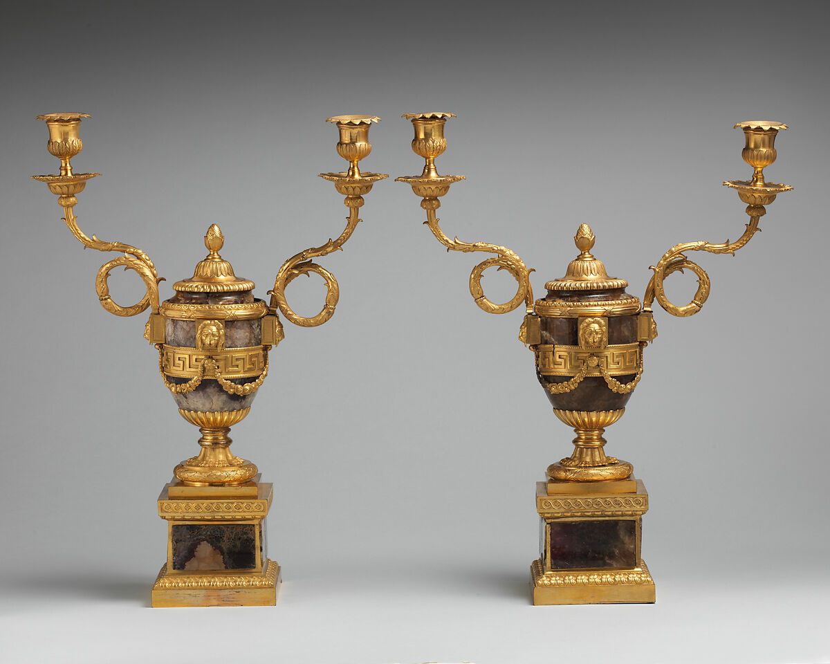 Candelabrum (one of a pair), Attributed to Matthew Boulton (British, Birmingham 1728–1809 Birmingham), Gilt bronze, Derbyshire spar, British 