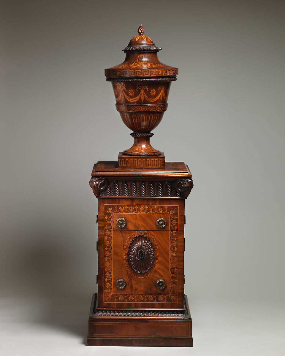 Pair of urns and pedestals, In the style of Robert Adam (British, Kirkcaldy, Scotland 1728–1792 London), Inlaid mahogany, British