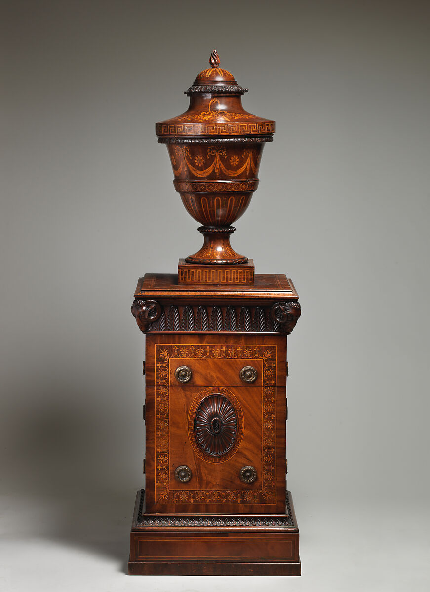 Pair of urns and pedestals, In the style of Robert Adam (British, Kirkcaldy, Scotland 1728–1792 London), Inlaid mahogany, British