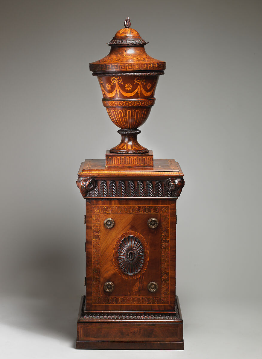 Pair of urns and pedestals, In the style of Robert Adam (British, Kirkcaldy, Scotland 1728–1792 London), Inlaid mahogany, British