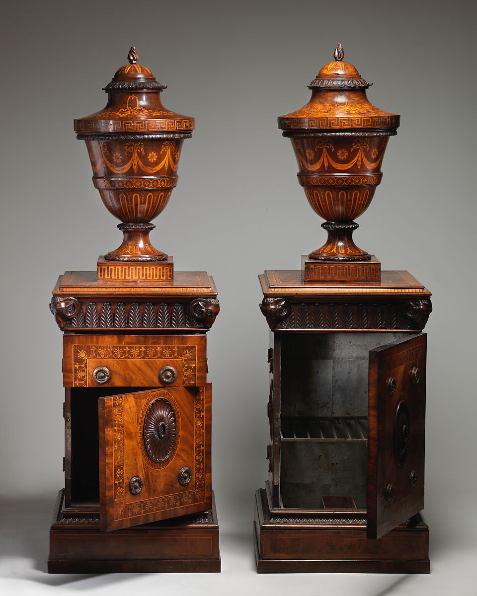Pair of urns and pedestals, In the style of Robert Adam (British, Kirkcaldy, Scotland 1728–1792 London), Inlaid mahogany, British